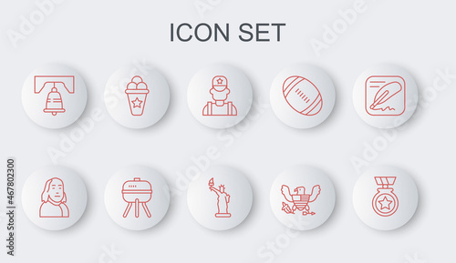 Set line Medal with star, Benjamin Franklin, Sheriff cowboy, Eagle, Liberty bell Philadelphia, Ice cream waffle cone, Barbecue grill and Statue of icon. Vector