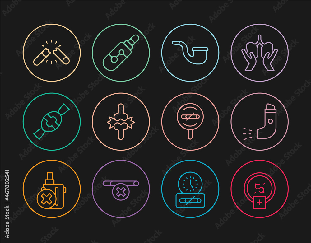 Set line Stop smoking, money saving, Inhaler, No pipe, Joint pain, knee pain, Candy, Broken cigarette, and Electronic icon. Vector