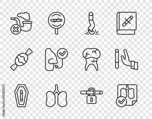 Set line Death from smoking, Lungs x-ray diagnostics, Cigarette butt, Smoking pipe with smoke, Healthy breathing, No and Giving up cigarette icon. Vector