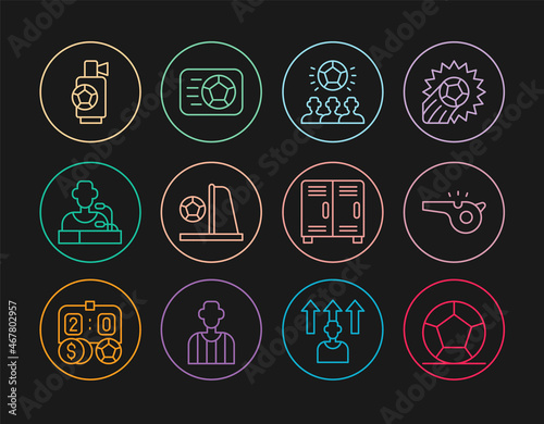 Set line Soccer football ball, Whistle, Football goal with, player press conference, Air horn, Locker changing room and icon. Vector