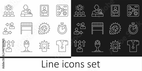 Set line Football jersey and t-shirt, Stopwatch, or soccer card, goal, Substitution football player, Soccer, and press conference icon. Vector