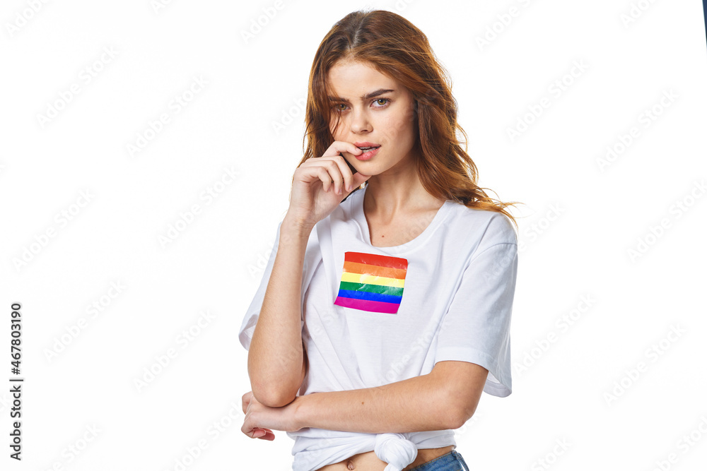 woman wearing white t-shirt lgbt flag inventor community woman wearing white t-shirt lgbt flag inventor community