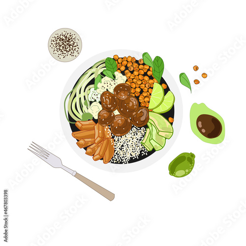 Falafel bowl with vegetables rice, chickpeas and sweet potato slices. Drawn in doodle style and isolated on a white background. Vector illustration in middle eastern color.Vegan dish, top view