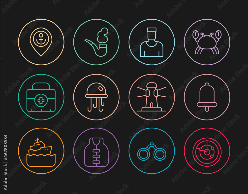 Set line Radar with targets, Ship bell, Sailor captain, Jellyfish, First aid kit, Location anchor, Lighthouse and Smoking pipe icon. Vector
