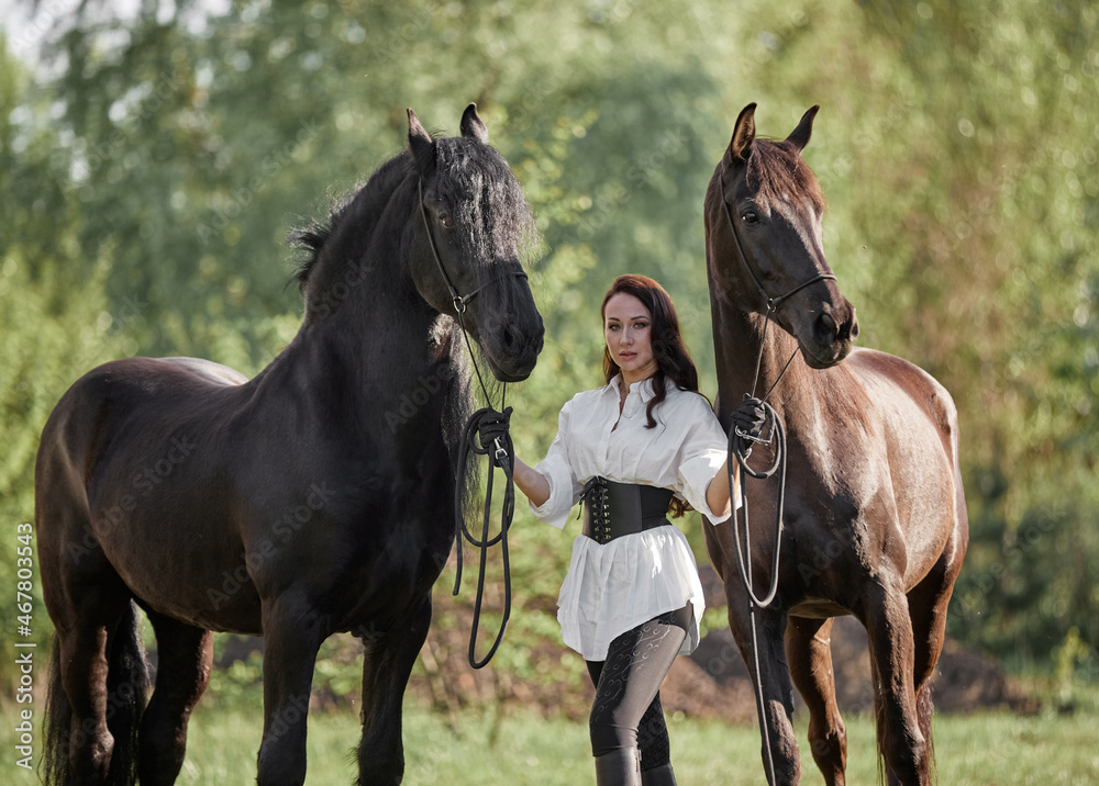 Beautiful long-haired girl on the lawn with two horses Beautiful long-haired girl on the lawn with two horses