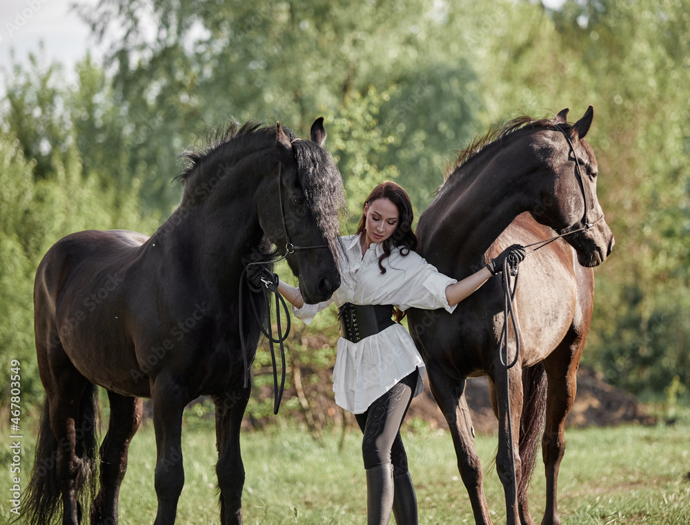 Beautiful long-haired girl on the lawn with two horses Beautiful long-haired girl on the lawn with two horses