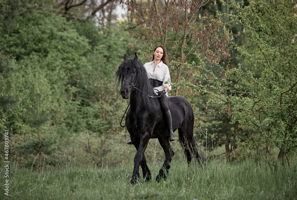 Beautiful long-haired girl riding a Friesian horse Beautiful long-haired girl riding a Friesian horse