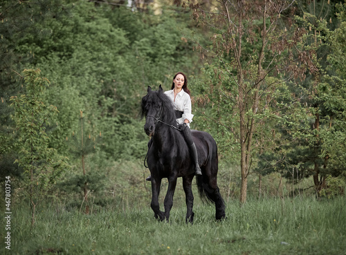 Beautiful long-haired girl riding a Friesian horse © Елизавета Мяловская