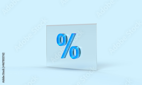 A glass browser window with a percentage. 3d rendering on the topic of bank, cashback, discounts, sales, purchases. Modern, minimal style. Blue background.