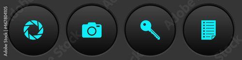 Set Camera shutter, Photo camera, Key and Document icon. Vector