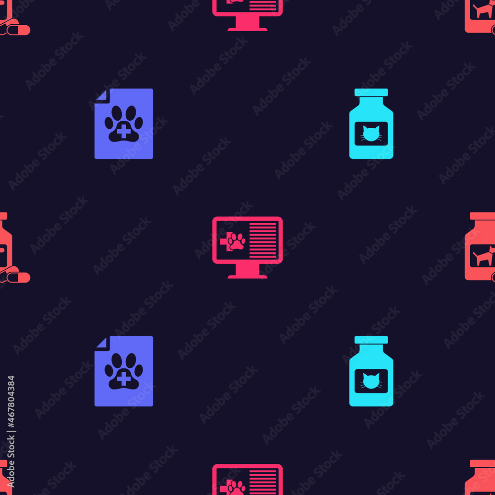 Set Cat medicine bottle, Medical certificate for dog or cat, Clinical record pet on monitor and Dog and pills on seamless pattern. Vector