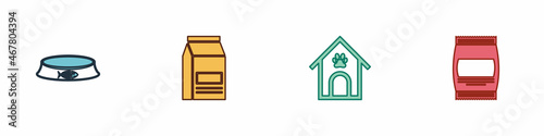 Set Pet food bowl, Bag of, Dog house and paw print pet and icon. Vector