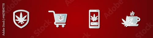 Set Shield and marijuana, Shopping cart with, Online buying and Cup tea icon. Vector
