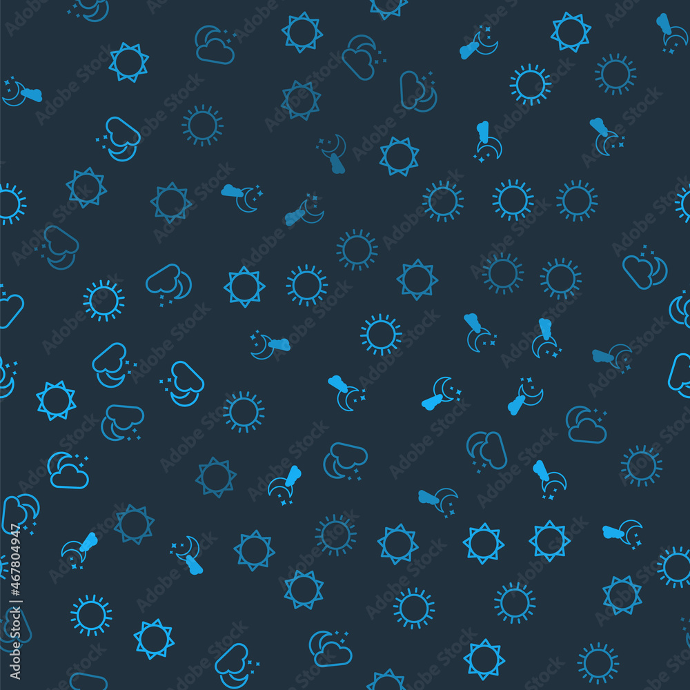 Set Sun, Cloud with moon and stars, and on seamless pattern. Vector
