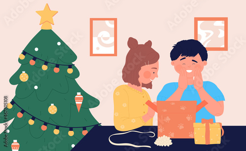 Children open Christmas gift, happy kids with present vector illustration. Cartoon excited little girl boy characters opening xmas surprise gift box near cute Christmas tree at home background