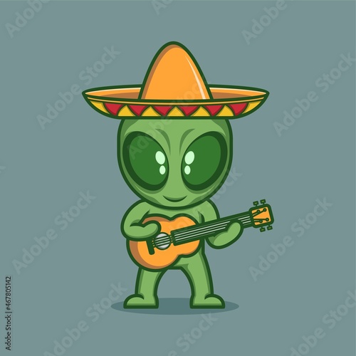 Cute cartoon alien character playing Mexican guitar. vector illustration for mascot logo or sticker