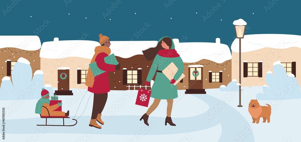 Family people walk snowy city street, buy gifts for Christmas vector illustration. Cartoon man carrying child on sled, woman walking with purchases to home. Shopping for winter holiday concept Family people walk snowy city street, buy gifts for Christmas vector illustration. Cartoon man carrying child on sled, woman walking with purchases to home. Shopping for winter holiday concept