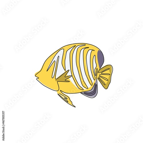 Single continuous line drawing of adorable regal angelfish for company logo identity. Exotic angel fish mascot concept for aquarium show icon. Modern one line graphic draw design vector illustration