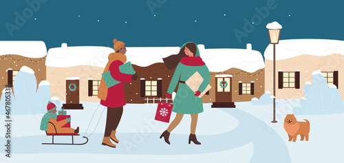Family people walk snowy city street, buy gifts for Christmas vector illustration. Cartoon man carrying child on sled, woman walking with purchases to home. Shopping for winter holiday concept