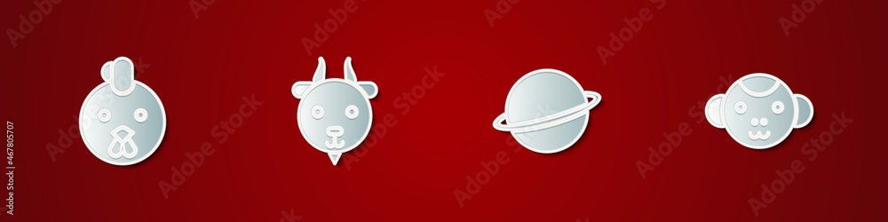 Set Rooster zodiac, Aries, Planet Saturn and Monkey icon. Vector