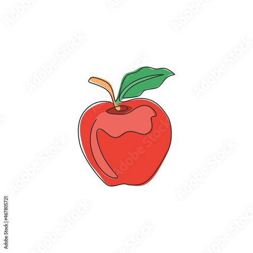 Single one line drawing of whole healthy organic apple for orchard logo identity. Fresh delicious fruitage concept for fruit garden icon. Modern continuous line draw design vector graphic illustration