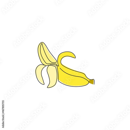 Single continuous line drawing slice ripe healthy organic banana orchard logo identity. Fresh tropical fruitage concept for fruit garden icon. Modern one line graphic draw design vector illustration