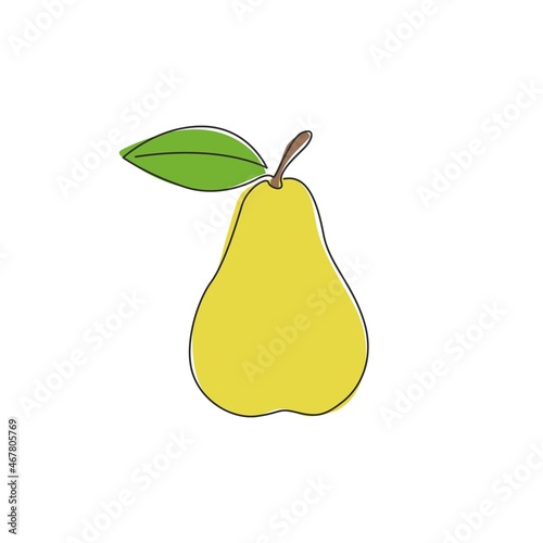 Single continuous line drawing of whole healthy organic pear for orchard logo identity. Fresh summer fruitage concept for fruit garden icon. Modern one line draw design vector graphic illustration
