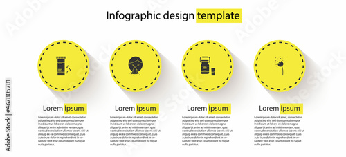 Set Medicine bottle and pills, Handkerchief to his runny nose, Can container for milk and Flower producing pollen. Business infographic template. Vector