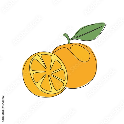 Single continuous line drawing of sliced and whole healthy organic orange for orchard logo identity. Fresh summer fruitage concept for fruit juice icon. Modern one line draw design vector illustration