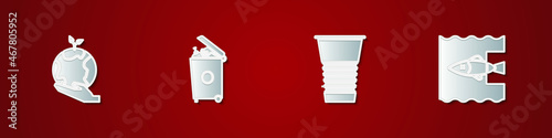 Set Hand holding Earth globe, Trash can, Paper glass and Stop ocean plastic pollution icon. Vector
