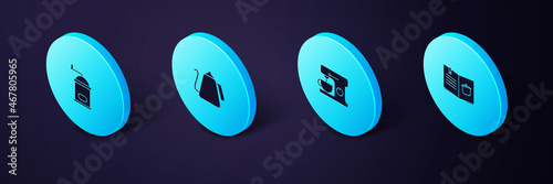 Set Isometric Cookbook, Electric mixer, Kettle with handle and Manual coffee grinder icon. Vector
