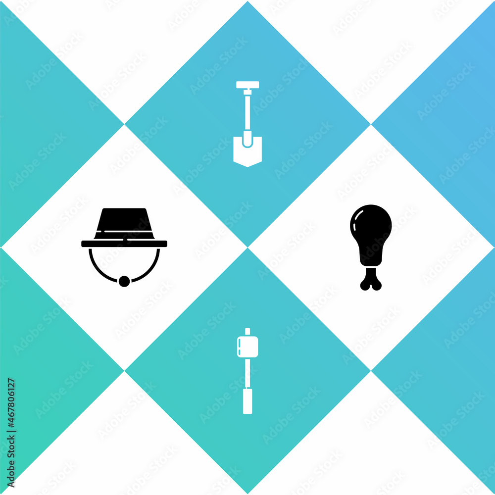Set Camping hat, Marshmallow on stick, Shovel and Chicken leg icon. Vector Set Camping hat, Marshmallow on stick, Shovel and Chicken leg icon. Vector