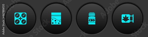 Set Medical pills with marijuana, Plastic bag of cannabis, bottle and Marijuana and store icon. Vector