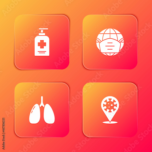 Set Liquid antibacterial soap, Earth with medical mask, Lungs and Corona virus 2019-nCoV on location icon. Vector