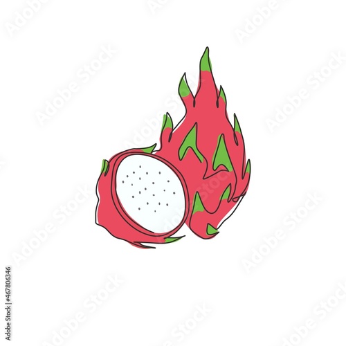 Single continuous line drawing of whole healthy organic dragon fruit for orchard logo identity. Fresh dragonfruit concept for fruit garden icon. Modern one line draw design vector graphic illustration