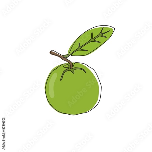 One continuous line drawing whole healthy organic java guava for orchard logo identity. Fresh exotic fruitage concept for fruit garden icon. Modern single line draw design vector graphic illustration