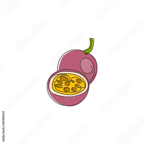 Single continuous line drawing whole healthy organic passion fruit for orchard logo identity. Fresh exotic fruits concept for fruit garden icon. Modern one line draw design vector graphic illustration