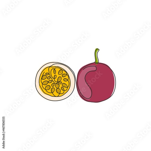 One continuous line drawing whole healthy organic passion fruit for orchard logo identity. Fresh summer fruits concept for fruit garden icon. Modern single line draw design graphic vector illustration