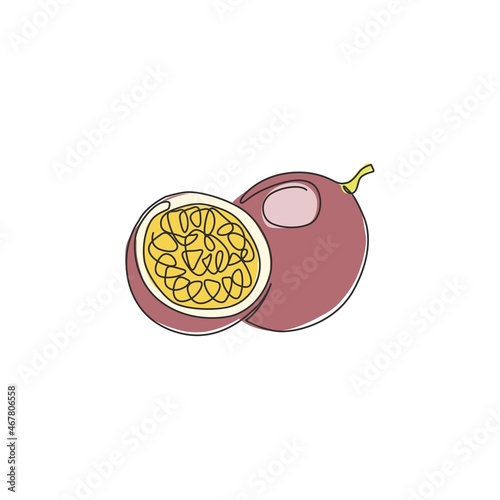 One single line drawing of whole healthy organic passion fruit for orchard logo identity. Fresh tropical fruitage concept for fruit garden icon. Modern continuous line draw design vector illustration