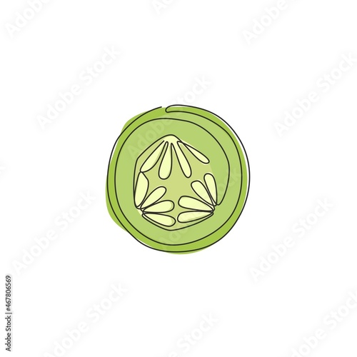 One continuous line drawing round sliced healthy organic cucumber for orchard logo identity. Fresh vegetable concept for vegan garden icon. Modern single line draw graphic design vector illustration