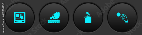 Set Television report, Lying burning tires, Stage stand tribune and Hooligan shooting stones icon. Vector