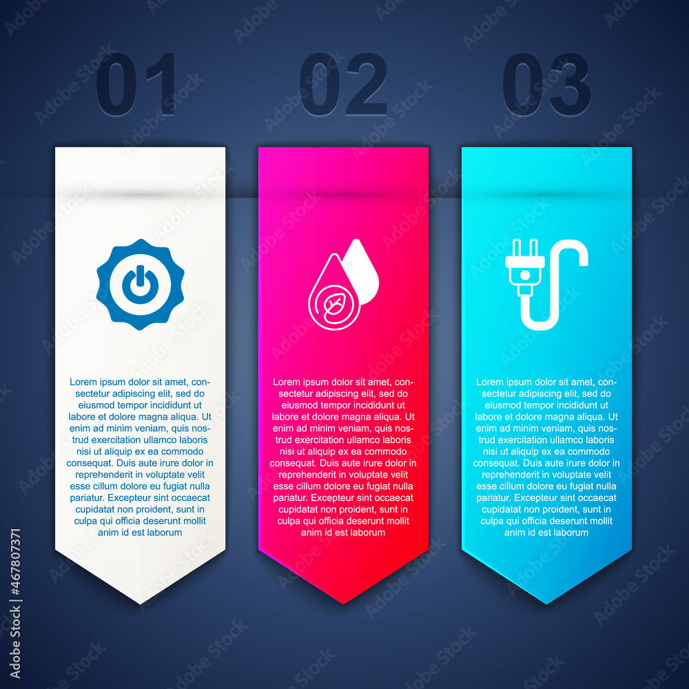 Set Power button, Water energy and Electric plug. Business infographic template. Vector Set Power button, Water energy and Electric plug. Business infographic template. Vector
