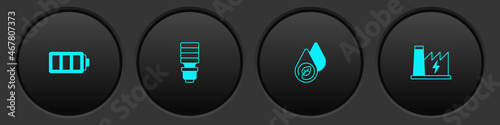 Set Battery, LED light bulb, Water energy and Nuclear power plant icon. Vector