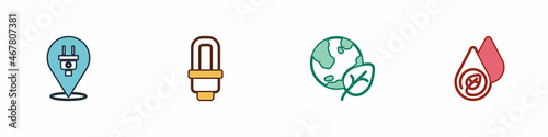Set Electric plug, LED light bulb, Earth globe and leaf and Water energy icon. Vector
