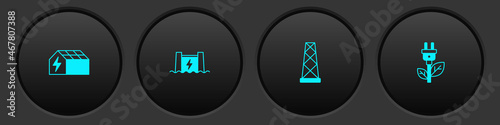 Set Solar energy panel, Hydroelectric dam, Antenna and Electric saving plug in leaf icon. Vector