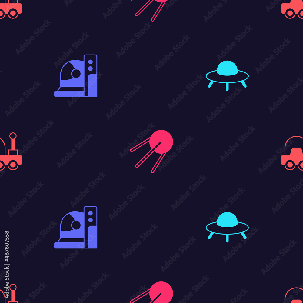 Obraz premium Set UFO flying spaceship, Astronaut helmet, Satellite and Mars rover on seamless pattern. Vector