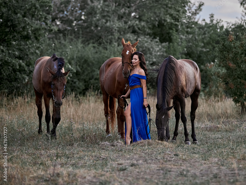 Beautiful long-haired girl in a blue dress next to three horses