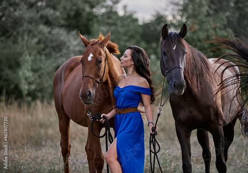 Beautiful long-haired girl in a blue dress next to two horses © Елизавета Мяловская