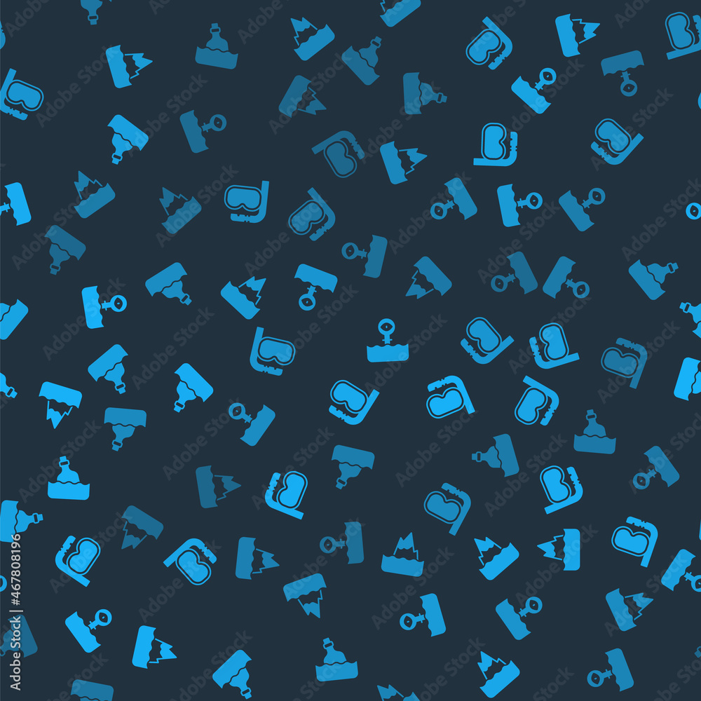 Set Iceberg, Diving mask and snorkel, Periscope and Bottle with message water on seamless pattern. Vector