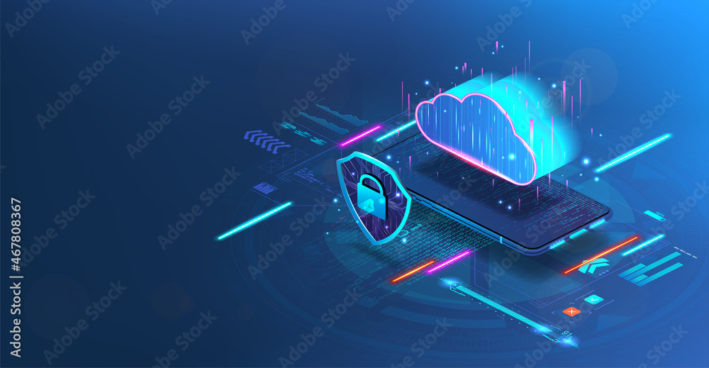 Cloud technology via mobile phone or smartphone. Cybersecurity in the management of online storage, remote center with data or IOT technologies and smart home. Cloud storage with protection. Vector
 - obrazy, fototapety, plakaty 